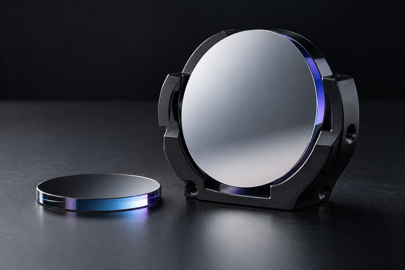 Illustration of a circular coated optic in a black retaining mount beside a smaller optic