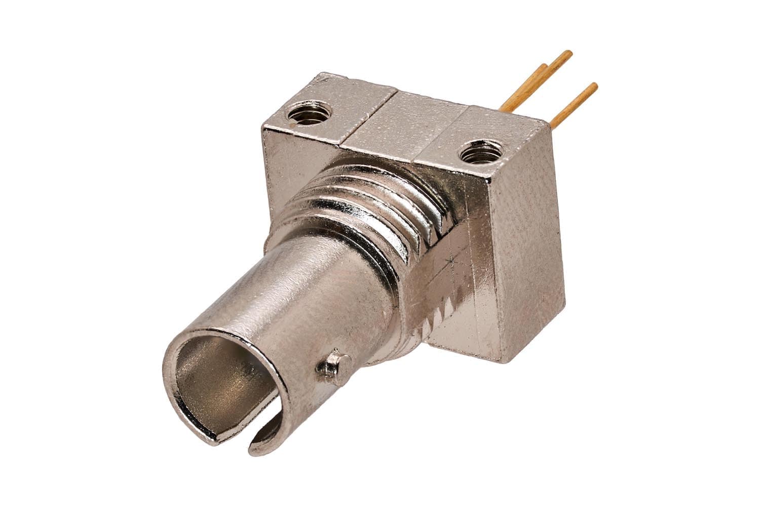 Nickel-plated receptacle housing with threaded barrel and gold leads