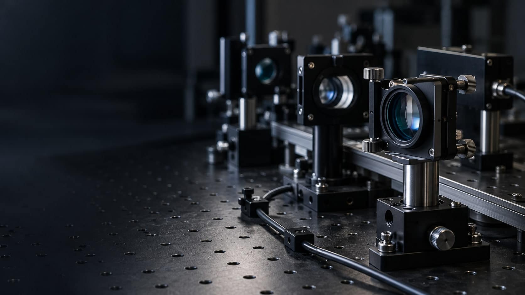 Illustration of mounted optics on a rail over a perforated optical bench
