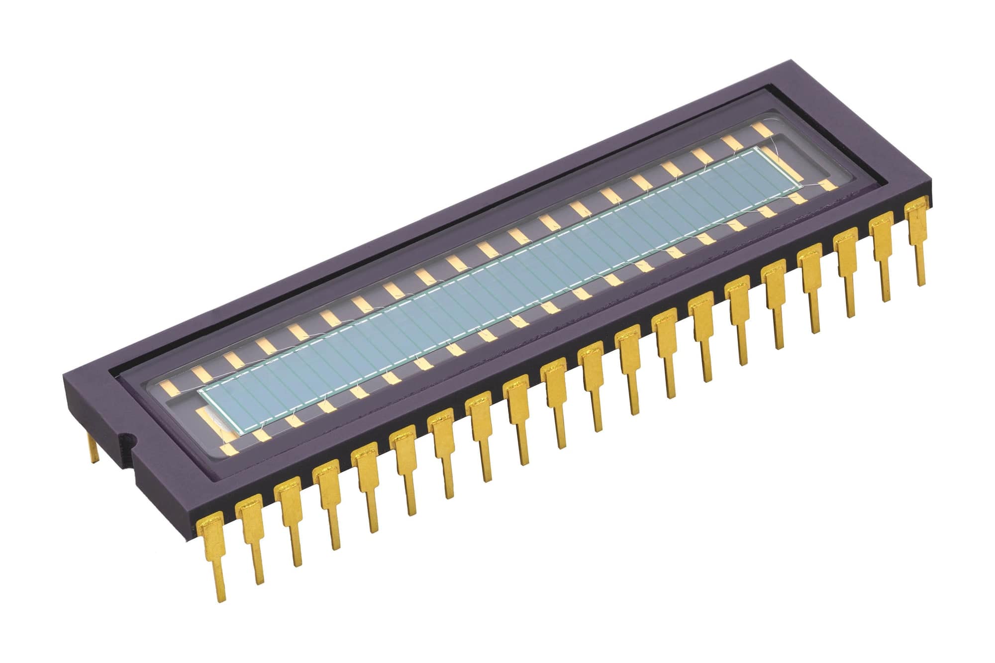 Ceramic dual-in-line package with a long glass window and gold pins