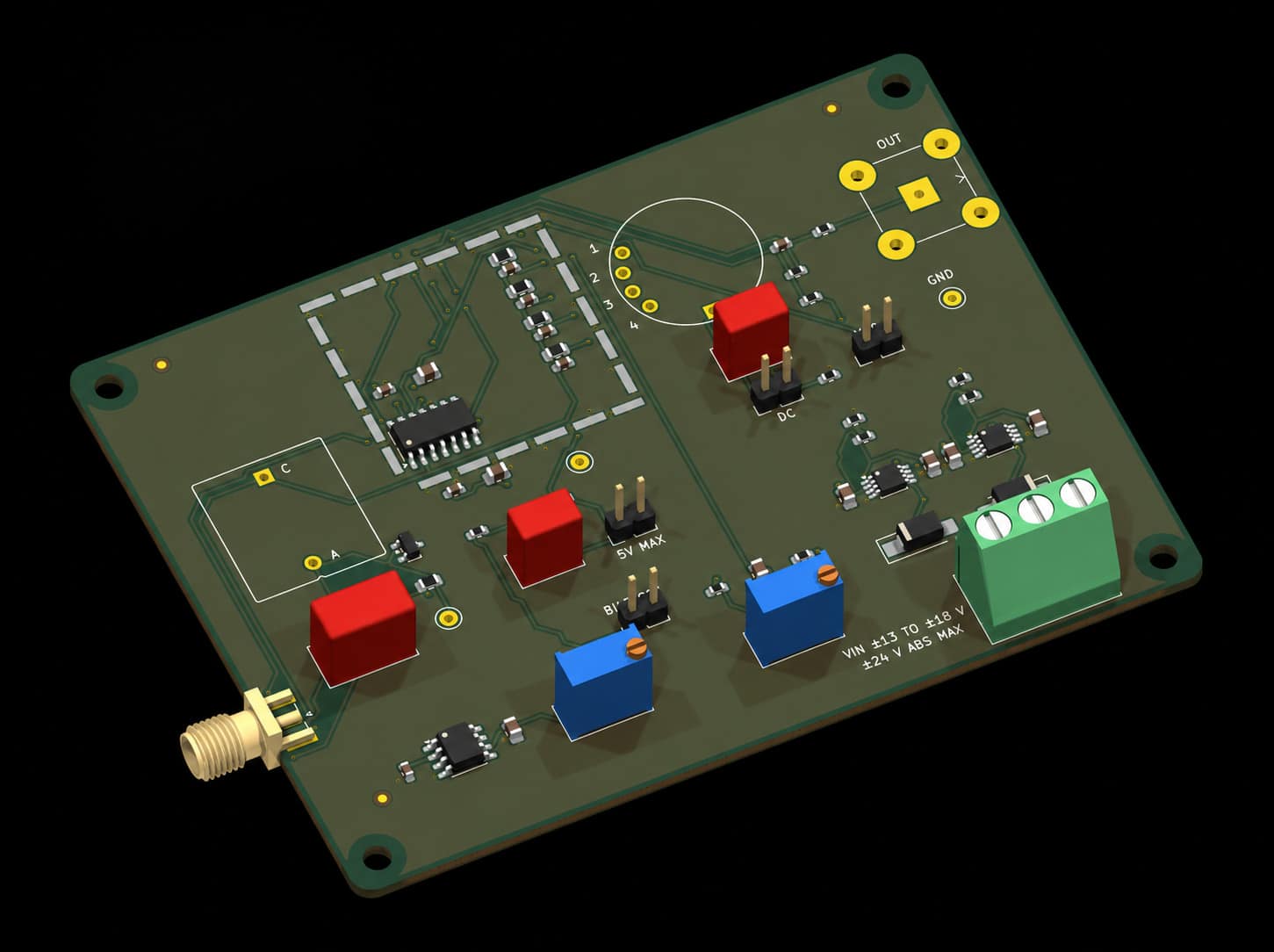 CAD render of a photodiode readout board with photodiode connections, adjustment controls, and power and signal connectors